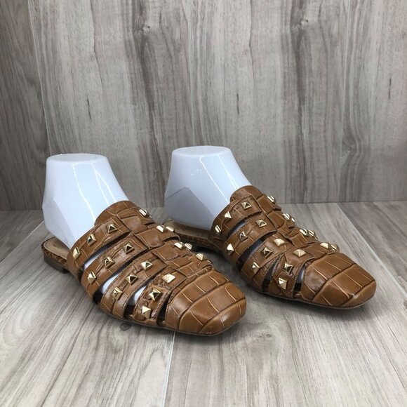 Vince Camuto Mule Flats Womens 6.5M Lendinna Brown Studded Leather Slip On Shoes - Picture 1 of 11